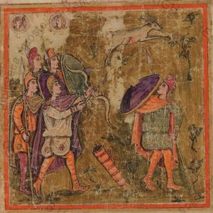 아스카니오스가 실비아의 수사슴을 쏘는 모습, 5세기 로마의 베르길리우스 사본