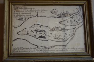 살바도르 페란도 박물관에 전시된 틀라코탈판이 섬이었음을 보여주는 초기 식민지 시대 지도