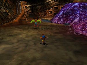 반조와 카주이를 3인칭 시점에서 조작하여 게임의 두 번째 월드인 글리터 걸치 광산에서 적을 향해 달려가는 모습