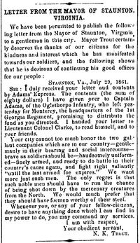 스톤턴 시장 N.K. 트라우트가 제1조지아 연대에 80달러를 기부한 내용을 담은 서신. 해당 부대는 당시 버지니아주 몬터레이에 주둔하고 있었다. 1861년 8월 6일 조지아주 오거스타의 데일리 컨스티튜셔널리스트에 게재됨