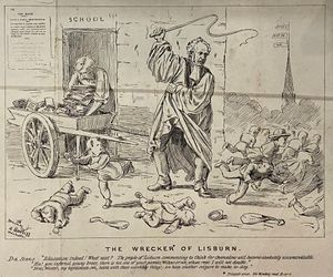 "'교육이라니! 다음은 뭐지? 리즈번 사람들이 스스로 생각하기 시작하면 통제 불능이 될 거야. 이 저주받을 젊은 녀석들아, 과부든 아니든 너희 부모 중 누구라도 임대료를 두 배로 올리지 않을 자는 없다.'" 1850년경 리즈번 대성당의 학장인 허트포드 경의 대리인 제임스 스태너스에 대한 언급