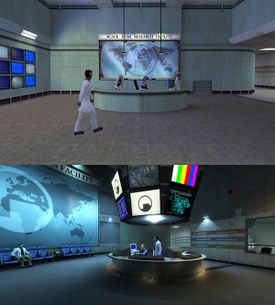 Half-Life(위)와 Black Mesa(아래)의 변칙 물질 로비 룸 비교