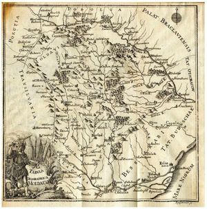디미트리 칸테미르(Dimitrie Cantemir)의 작품 일부인 몰다비아(Moldavia) 지도, 몰다비아의 묘사(Descriptio Moldaviae)
