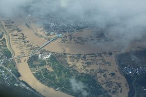 나가노의 홍수 피해 항공 사진