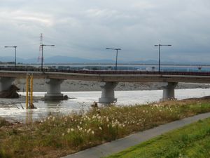 태풍 하기비스로 손상된 다마강 위의 히노교