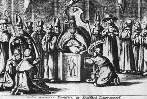 교황 인노첸시오 10세가 《Roma Triumphans》(1645)에서 고환을 검사받는 삽화