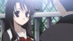 《스쿨데이즈 HQ》 북미판의 선택 화면. 코토노하가 마코토에게 질문을 던지고 있으며, 플레이어는 사용 가능한 옵션 중 하나를 선택하거나 아무것도 선택하지 않을 수 있다.