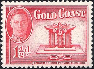 1930년대 조지 6세와 황금 의자를 그린 영국령 골드코스트의 우표.