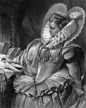마리아 슈투아르트 연극 속 엘리자베스 여왕 (Arthur von Ramberg (1859)의 그림)