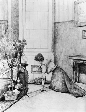 벽난로 앞의 에밀리. 모리츠 코셸의 1899년 연필 드로잉