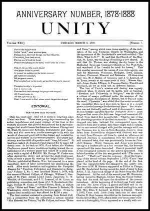 찰스 H. 커 & Co.에서 발행하고 젠킨 로이드 존스가 편집한 잡지 Unity 창간 10주년 기념호 내지.