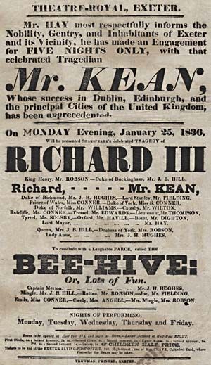 1836년 엑스터 왕립 극장의 공연 포스터, 찰스 킨이 리처드 3세 공연에 출연했다.
