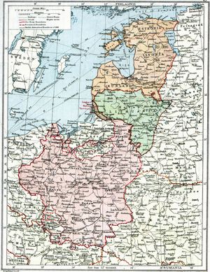 “Poland & The New Baltic States”}} (폴란드와 새로운 발트 국가) 지도. 1920년 영국 세계 지도. 브레스트-리토프스크 조약과 리가 평화 조약 이후 국경이 확정되지 않은 상황이 나타나 있다. 발트 연합 공국의 구상은 현재의 라트비아와 에스토니아에 걸쳐 있는 주황색 지역에 해당하는 것으로, 중세의 리보니아 동맹인 테라 마리아나 지역에 건국하려 했다.