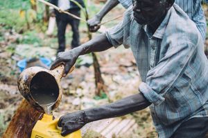 서부 우간다에서 현지 바나나 맥주를 만드는 모습