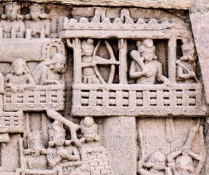 쿠시나라시를 방어하는 말라족. 기원전 1세기부터 기원후 1세기까지 산치 남부 관문에 설치된 스투파 1의 부조를 반영함.