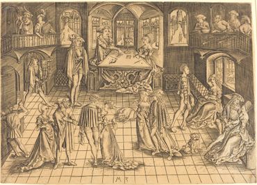 1500년 마이스터 MZ의 판화인 그랜드 볼; 뮌헨의 궁정을 보여준다.