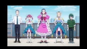 마지루미에 주식회사 직원들. 왼쪽부터 미도리카와 카에데, 사쿠라기 카나, 시게모토 코지, 코시가야 히토미, 니코야마 카즈오