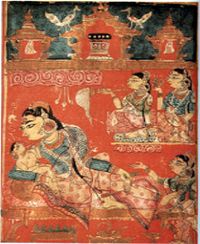 칼파수트라에 나오는 마하비라(제24대 자이나교 티르탕카라)의 탄생을 묘사한 그림의 세부 묘사, 1375~1400년경.