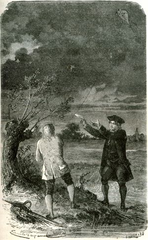 벤저민 프랭클린이 연에 매달린 열쇠에서 손가락으로 전기 불꽃을 끌어오는 모습