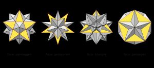 각 다면체의 면 중 보이는 부분을 노란색으로 칠한 그림.