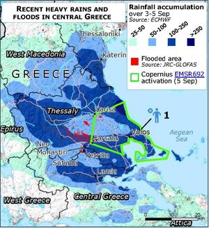 그리스 중부 지역의 홍수 피해 지역을 그린 지도.