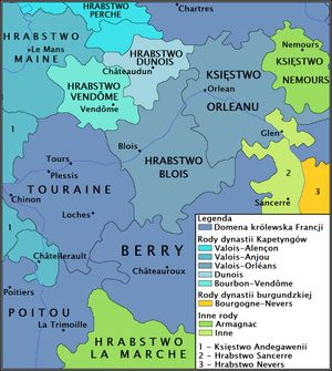 방돔 백작령(comté)이자 공작령(duché) 지도. Hrabstwo Vendôme이라고 표기되어 있다.