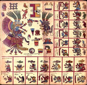 부르봉 코덱스에서 "1의 독수리"로부터 13일(트레세나)을 나타낸다. 왼쪽에 "田"자 모양의 게임판이 있다. 그 아래에 여신 소치케찰이 그려져 있다