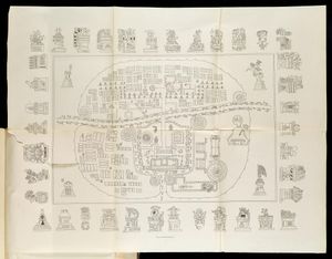 틀락스칼라 지도: 오른쪽 상단 구역은 티자틀란, 오른쪽 하단은 키아우이츠틀란, 왼쪽 상단은 오코텔롤코, 왼쪽 하단은 테페티크팍이다. 아츠옴파 강은 북쪽에서 남쪽으로 도시를 가로지른다(지도는 동서 방향으로 정렬되어 있으며, 왼쪽에서 오른쪽으로). 알프레도 차베로의 히에로글리프 그림, 멕시코 1901.