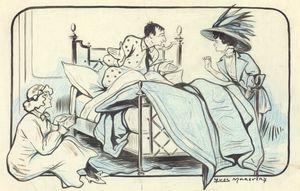 아멜리를 돌봐줘!(Occupe-toi d'Amélie!), 1908년 공연 장면을 묘사한 그림. 젊은 남자가 침대에 앉아 있고, 큰 모자를 쓴 정장 차림의 젊은 여성과 대화하고 있다. 다른 젊은 여성은 잠옷 차림으로 침대 반대편에 숨어 있다.