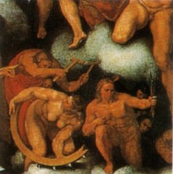 마르첼로 베누스티가 복사한 미켈란젤로의 원본 버전인 '최후의 심판'. 하단 왼쪽에는 검열되지 않은 성 카타리나의 모습이 보이고, 그 위에는 왼쪽 철빗을 들고 있는 성 블레이즈의 모습은 머리 위치가 달랐다. 성 카타리나는 드레스를 입고 다시 그려졌고, 성 블레이즈는 예수를 올려다보는 모습으로 다시 그려졌다.