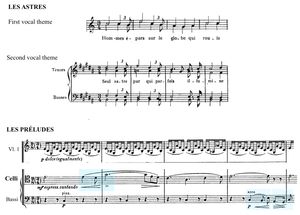 "Les Astres"의 첫 번째 테마, "Les Astres"의 두 번째 테마 및 "Les Préludes"에의 통합 ("첫 번째 사랑 테마" - 천상의 사랑)