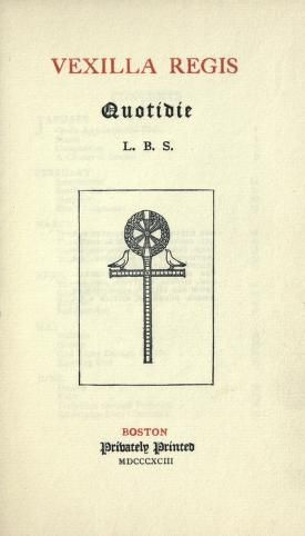 켐스콧 프레스에 영향을 받은 초기 스타일. 《Vexilla Regis Quotidie》 표지, 루시 브래들리 스톤 편집, 1893 메리마운트 프레스 인쇄. 캘리포니아 대학 도서관 소장.
