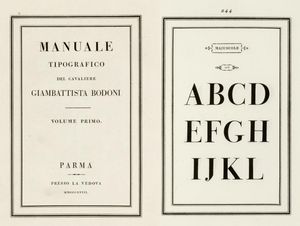 보도니의 사후 작품집인 Manuale Tipografico의 두 페이지와 그의 아내가 새긴 판화.