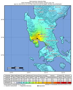 미국 지질 조사소의 2019년 루손 지진 진도 지도; 최대 메르칼리 진도 계급 6.6이 플로리다블랑카, 팜팡가의 구타드에서 관측되었다.