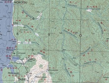 1947년의 토로 정 지도. 석탄 산출지와 항구를 잇는 탄광 철도가 존재한다.