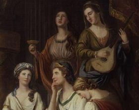 모어 (서 있는, 왼쪽, 비극의 뮤즈 멜포메네의 의인화), 다른 "블루스타킹" (1778)과 함께.