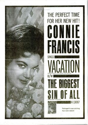 프랜시스의 마지막 10위권 히트곡인 "Vacation"의 빌보드 광고, 1962년 7월 14일
