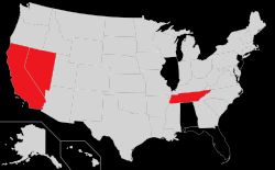 XFL 참가팀 연고지 분포도. 동부 디비전은 검정색, 서부 디비전은 빨간색으로 표시.