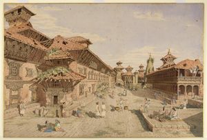 헨리 앰브로즈 올드필드가 1853년에 그린 수채화는 광장 왼쪽 끝에 초코타 궁전이 있고, 그 바로 앞에 갠가 라니의 나라야나 사원이 있는 모습을 보여준다.