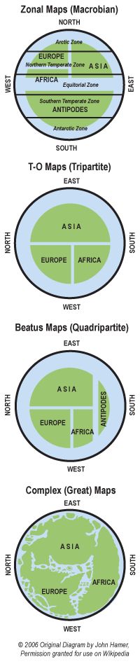 마파 문디 개략도. 위에서부터 (1) 존 맵, (2) 삼지역 구성 맵 (TO 지도), (3) 사분 맵, (4) 그레이트 맵