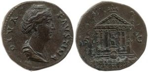 안토니누스와 파우스티나 신전을 묘사한 청동 합금 동전. 서기 141-161년. 대영 박물관.