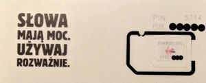 혐오 발언에 반대하는 캠페인 슬로건 "말에는 힘이 있다, 현명하게 사용하라"가 적힌 폴란드 버진 SIM 카드