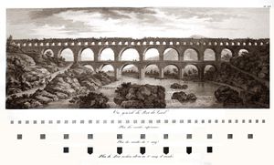 1804년 샤를 루이 클레리소의 퐁 뒤 가르 판화, 19세기 초 다리의 심각한 훼손 상태를 보여준다.