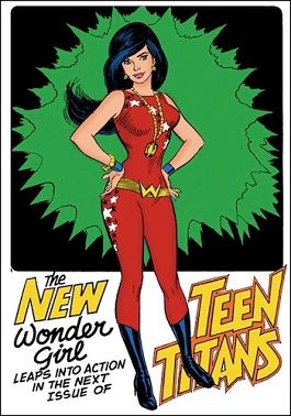 원더 걸은 클래식한 빨간색 코스튬과 비밀 정체성인 도나 트로이를 Teen Titans #22 (1969년 7~8월)에서 사용한다. 닉 카디의 그림.