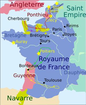 1350년 프랑스 지도. 나바라 왕의 영토는 노란색으로 칠해져 있다.