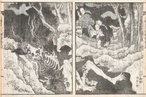 우카이 간스케의 영혼을 구제하는 니치렌. 가츠시카 이사이 그림