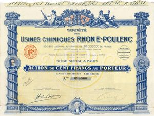 1928년 9월 5일 파리에서 발행된 Société des Usines Chimiques Rhône-Poulenc의 설립자 주식 증서, 감독 위원회 회장인 Hippolyte-Eugène Boyer의 서명이 포함됨