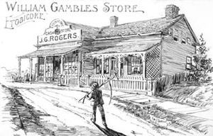 1층 목조 건물 앞 흙길을 걷는 남자의 그림