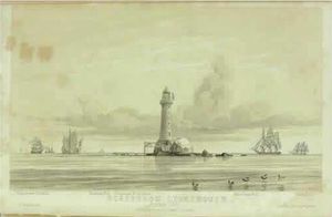 존 턴불 톰슨이 그린 그림, 1851년 페드라브랑카 섬과 그가 설계한 등대가 완성된 직후의 모습