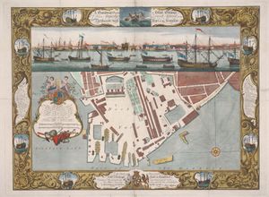 토머스 밀턴의 1754년 작 포츠머스 인근 폐선창 기하학적 계획 및 서쪽 조감도.